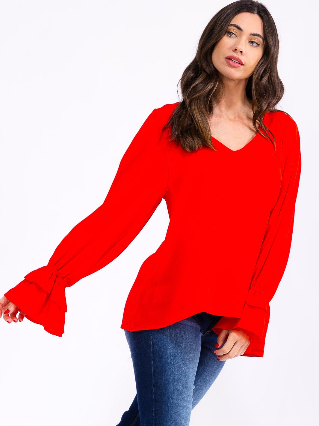 WOMEN'S LONG RUFFLE SLEEVE V-NECK BLOUSE