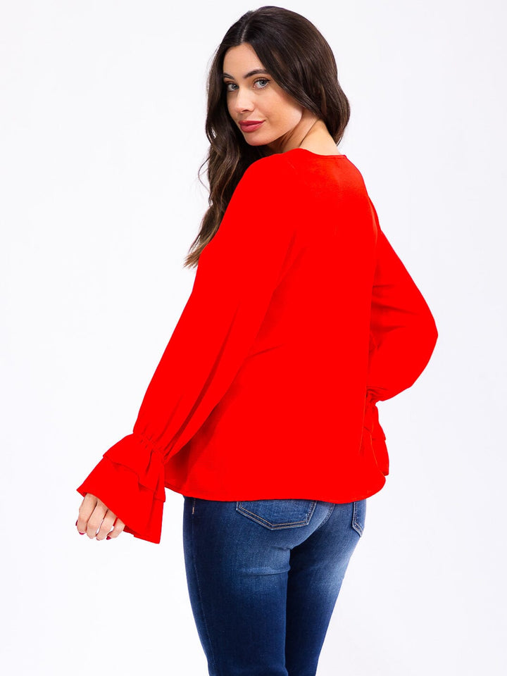 WOMEN'S LONG RUFFLE SLEEVE V-NECK BLOUSE