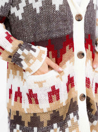 WOMEN'S LONG SLEEVE BUTTON CLOSURE FRONT POCKETS MULTI PRINT CARDIGAN