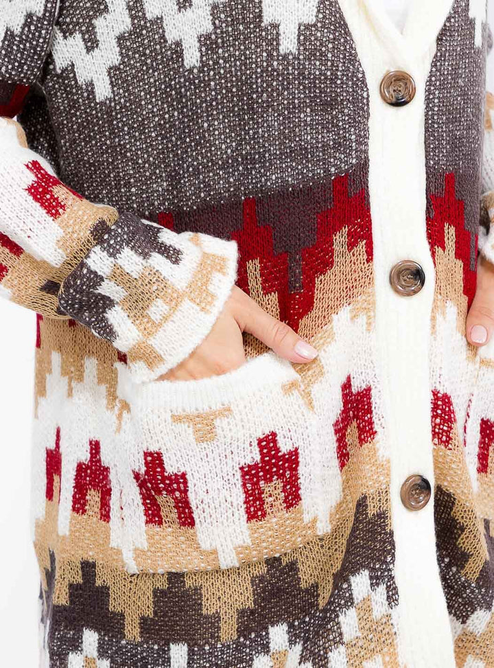 WOMEN'S LONG SLEEVE BUTTON CLOSURE FRONT POCKETS MULTI PRINT CARDIGAN