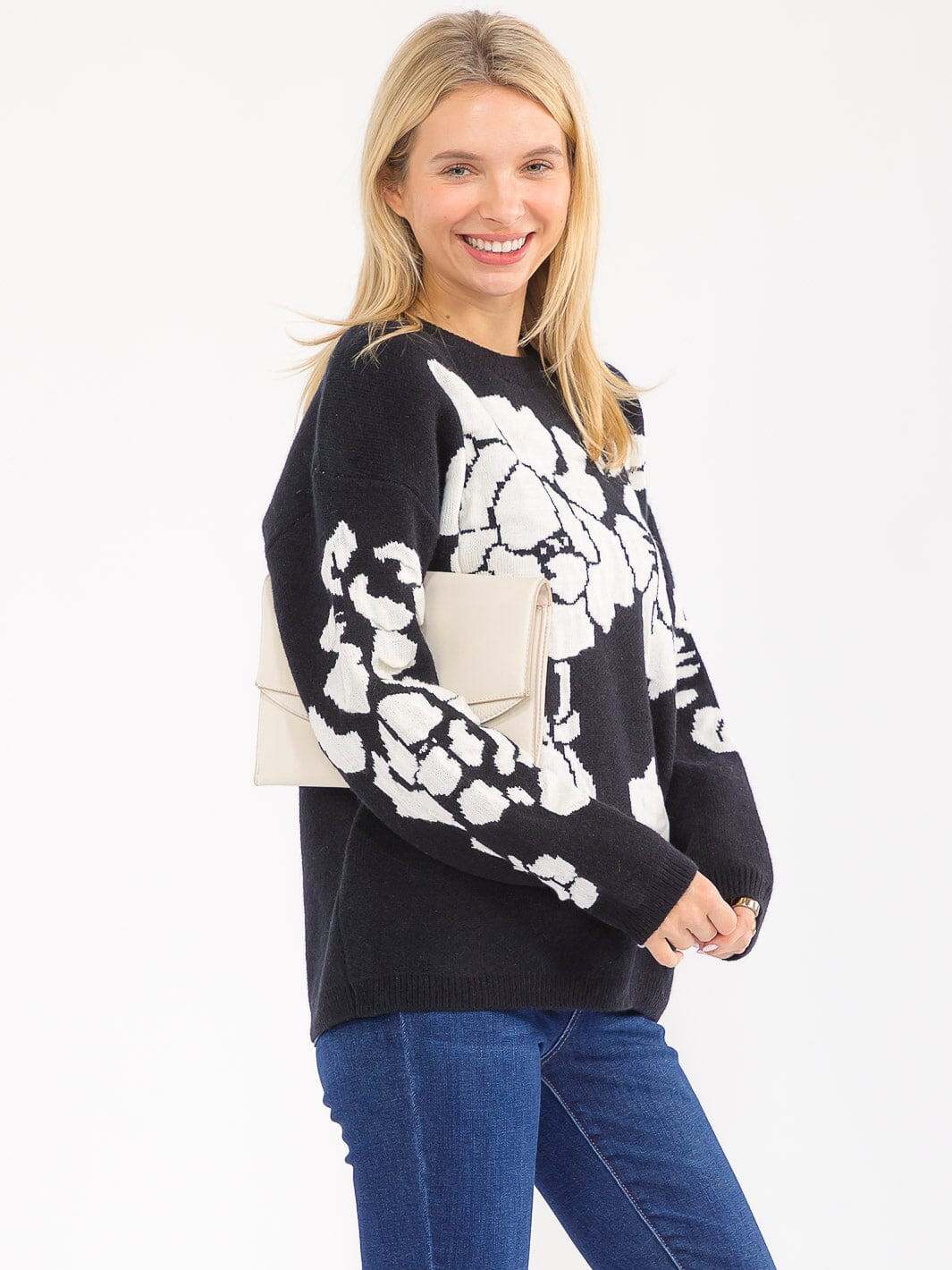 WOMEN'S LONG SLEEVE KNIT PULLOVER COLORBLOCK FLORAL PRINT SWEATER