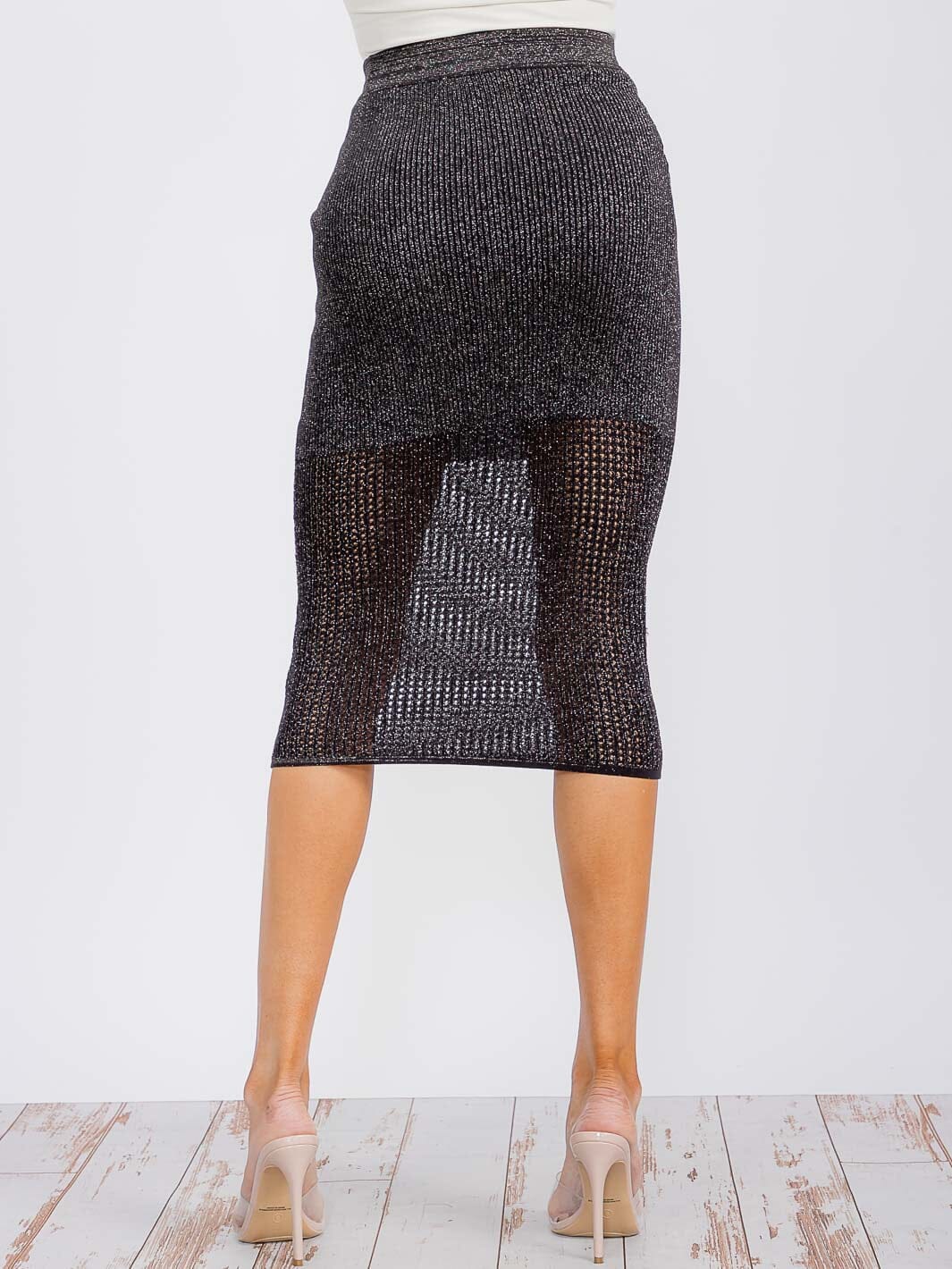 WOMEN'S ELASTIC WAIST SHIMMER KNIT MIDI SKIRT