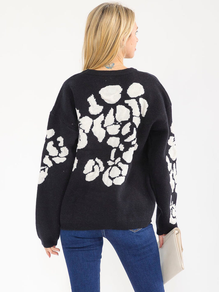 WOMEN'S LONG SLEEVE KNIT PULLOVER COLORBLOCK FLORAL PRINT SWEATER