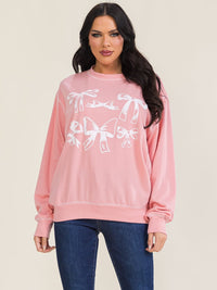WOMEN'S LONG SLEEVE BOW PRINT PULLOVER SWEATER