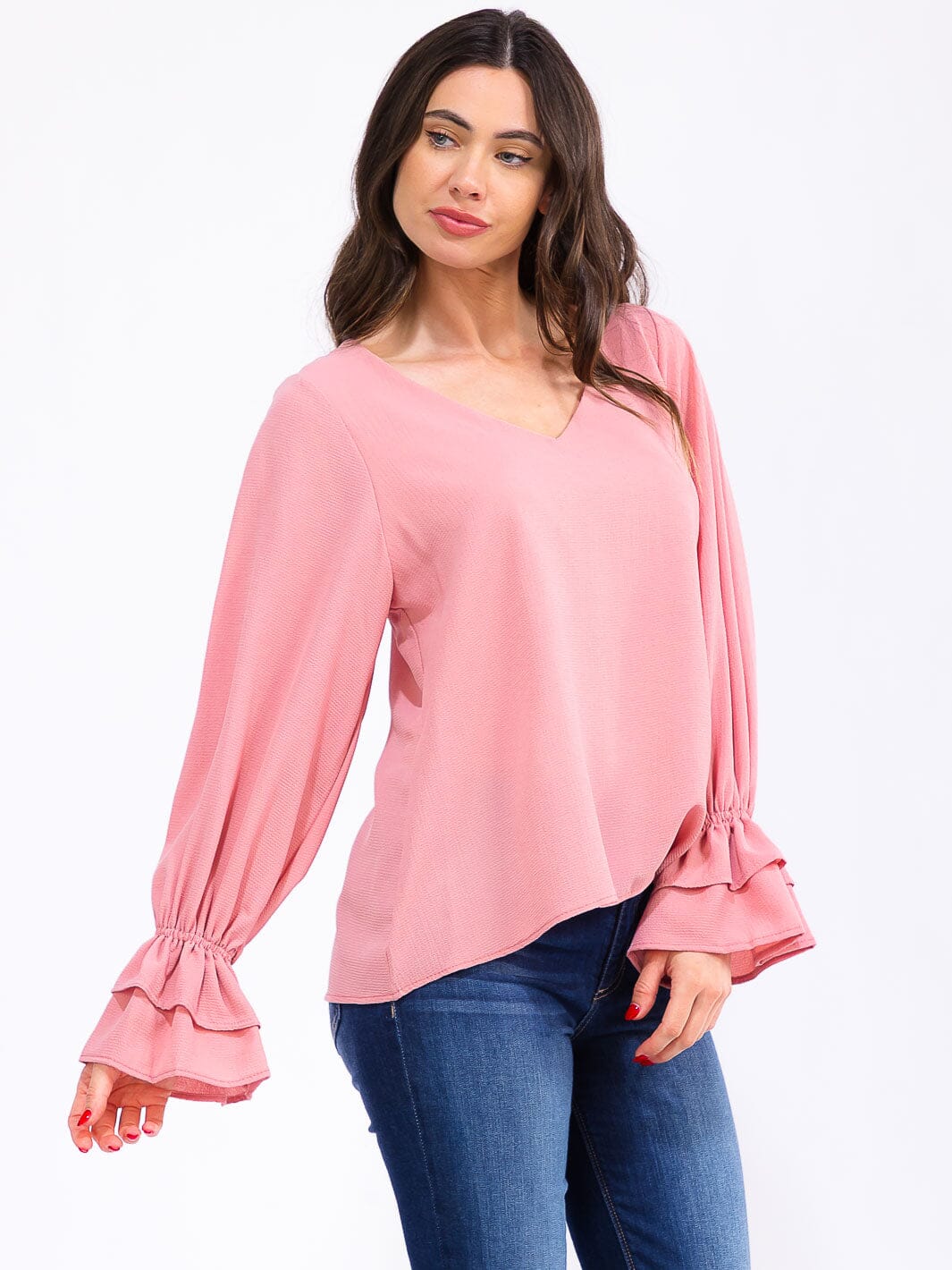 WOMEN'S LONG RUFFLE SLEEVE V-NECK BLOUSE