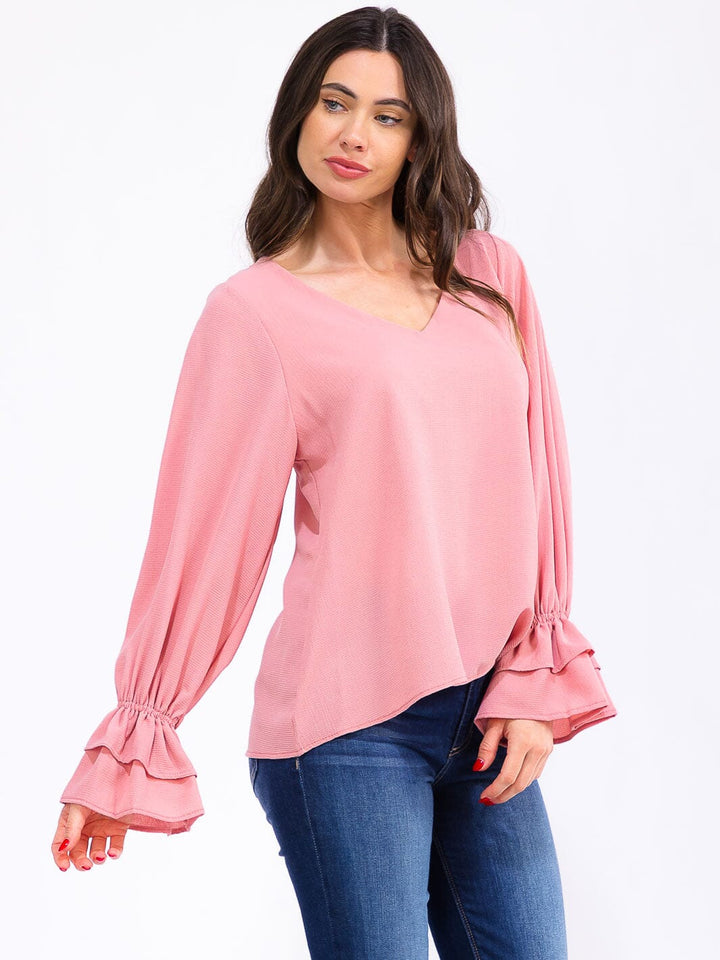 WOMEN'S LONG RUFFLE SLEEVE V-NECK BLOUSE