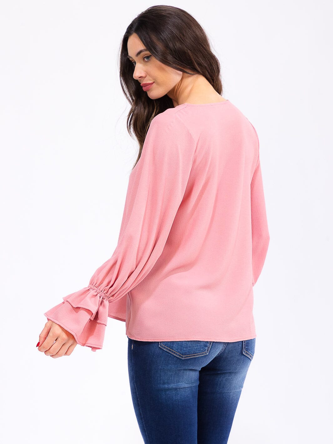 WOMEN'S LONG RUFFLE SLEEVE V-NECK BLOUSE