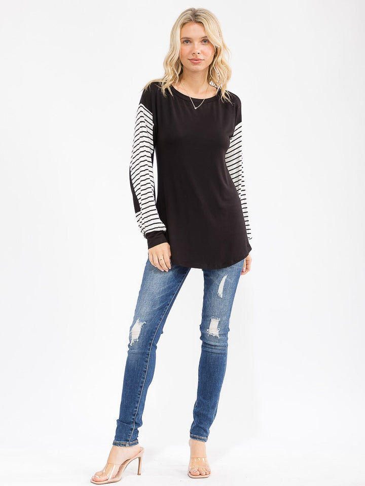 WOMEN'S LONG STRIPES SLEEVE COLORBLOCK LOOSE FIT TOP