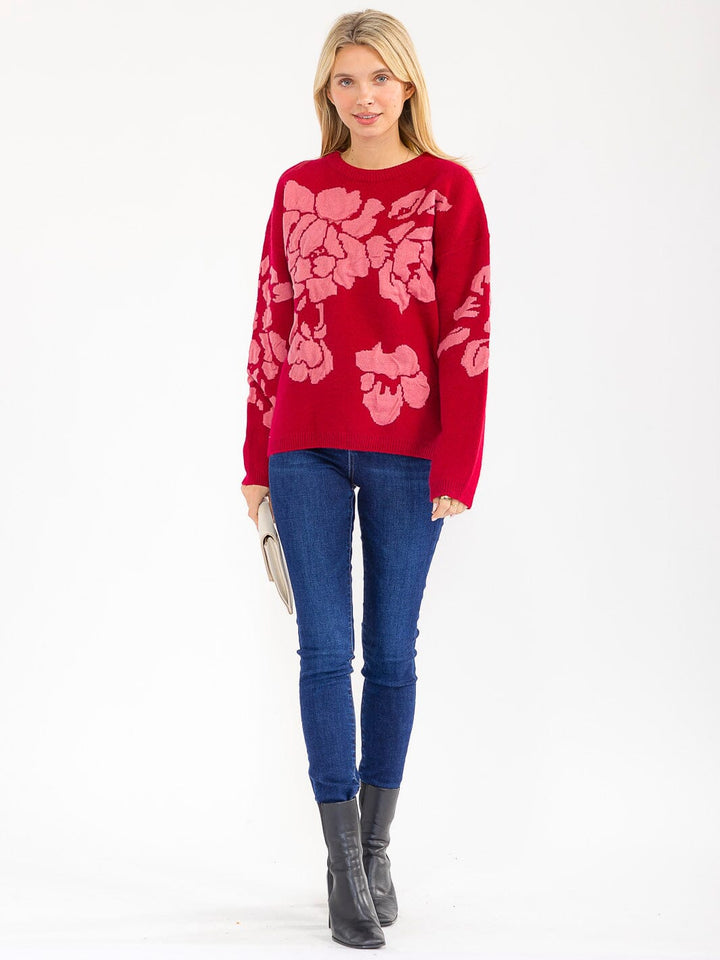 WOMEN'S LONG SLEEVE KNIT PULLOVER COLORBLOCK FLORAL PRINT SWEATER