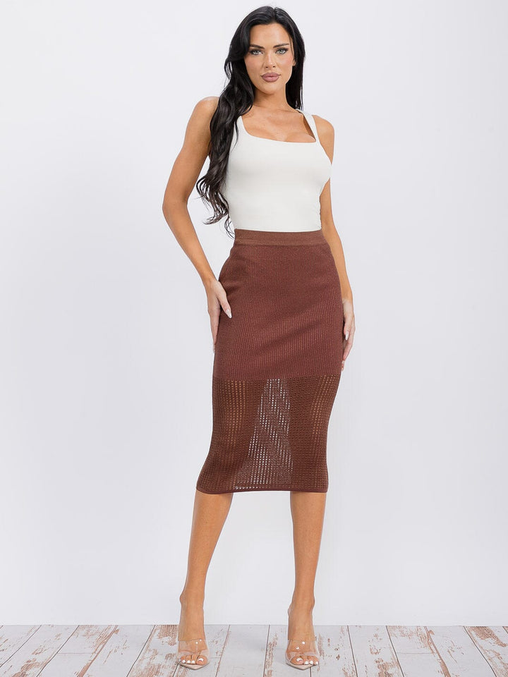 WOMEN'S ELASTIC WAIST SHIMMER KNIT MIDI SKIRT