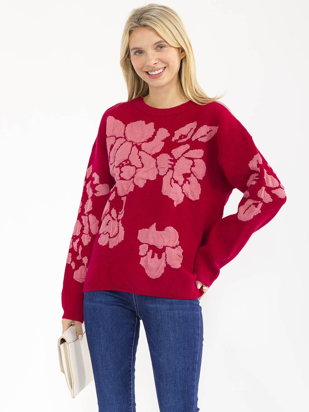 WOMEN'S LONG SLEEVE KNIT PULLOVER COLORBLOCK FLORAL PRINT SWEATER