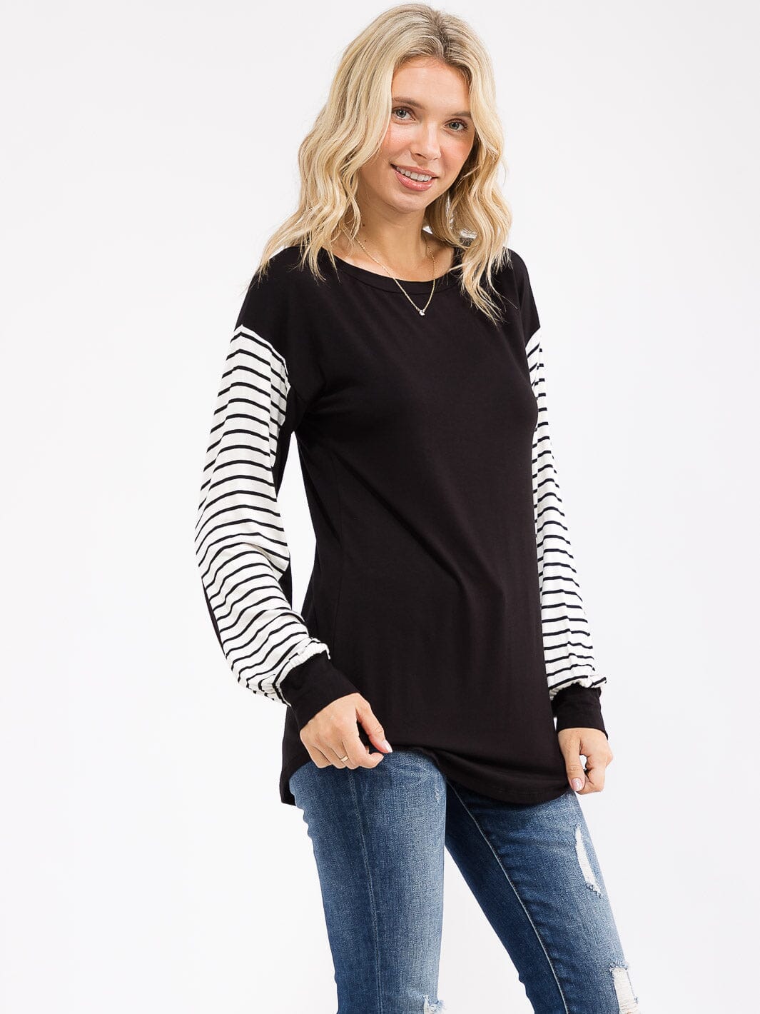 WOMEN'S LONG STRIPES SLEEVE COLORBLOCK LOOSE FIT TOP