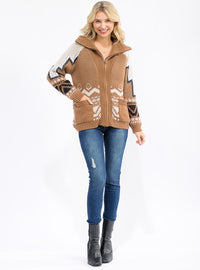 WOMEN'S LONG SLEEVE ZIPPER CLOSURE FRONT POCKETS PRINTED KNIT SWEATER