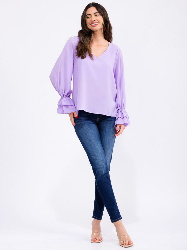 WOMEN'S LONG RUFFLE SLEEVE V-NECK BLOUSE
