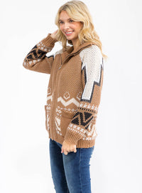 WOMEN'S LONG SLEEVE ZIPPER CLOSURE FRONT POCKETS PRINTED KNIT SWEATER