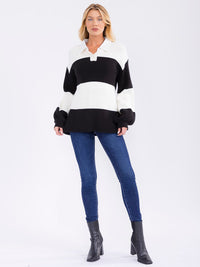 WOMEN'S LONG SLEEVE BUTTON UP V-NECK COLORBLOCK KNIT SWEATER