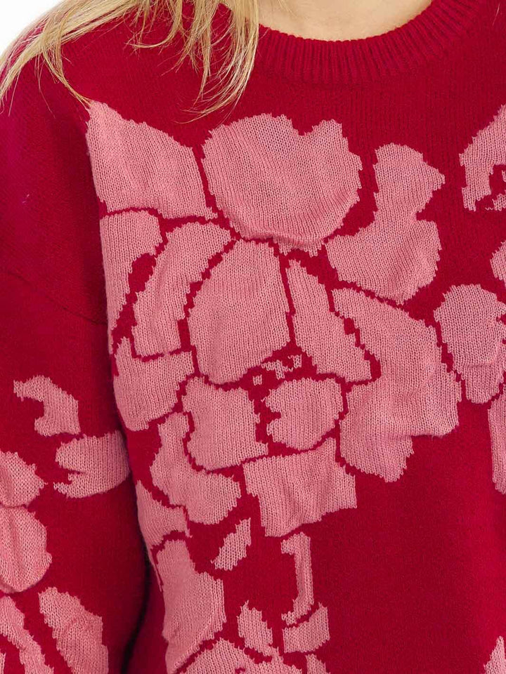 WOMEN'S LONG SLEEVE KNIT PULLOVER COLORBLOCK FLORAL PRINT SWEATER