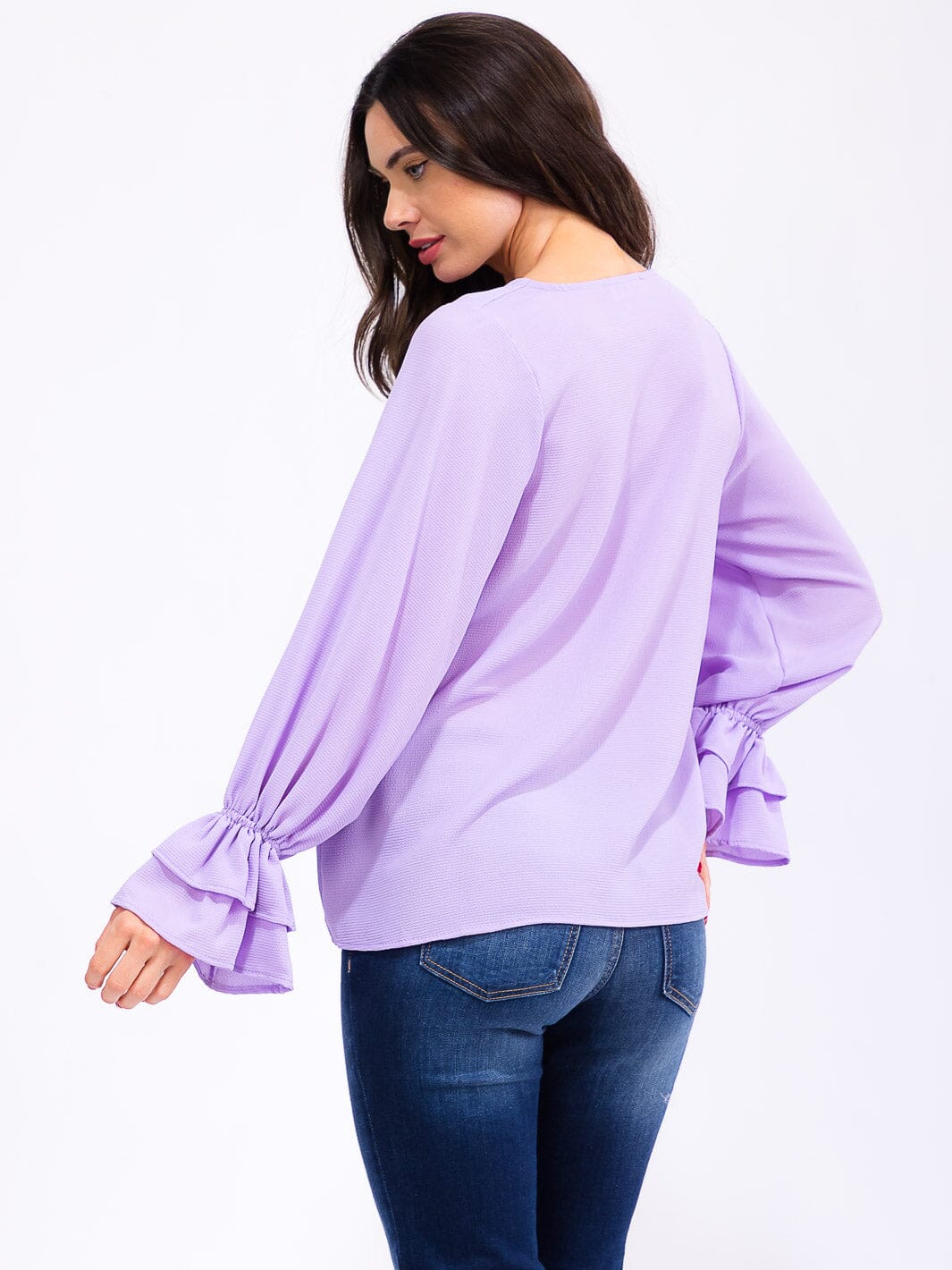WOMEN'S LONG RUFFLE SLEEVE V-NECK BLOUSE