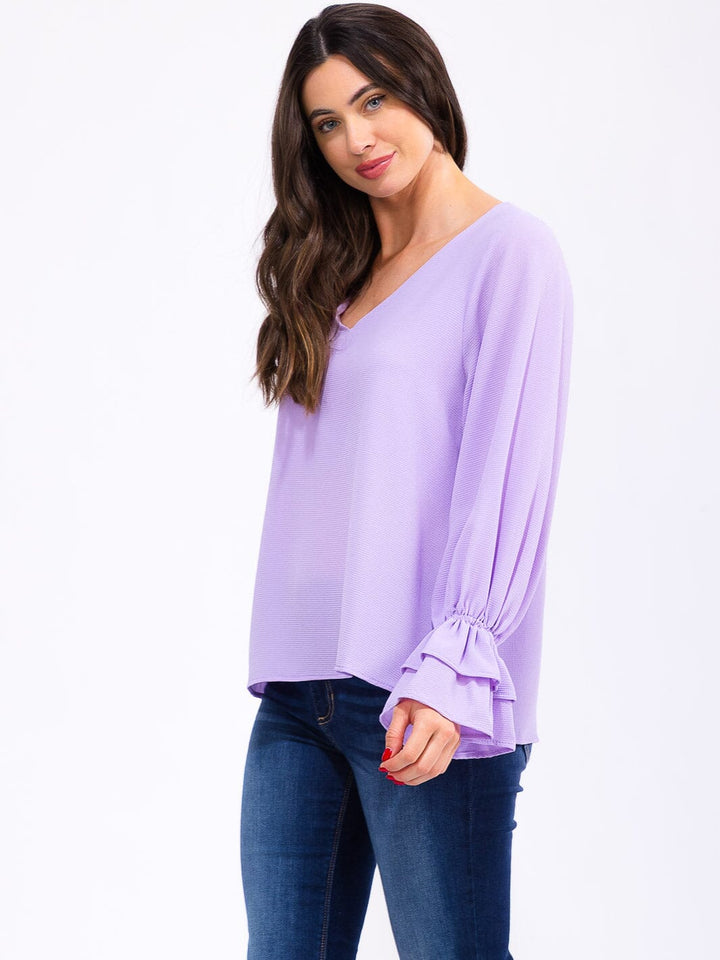 WOMEN'S LONG RUFFLE SLEEVE V-NECK BLOUSE