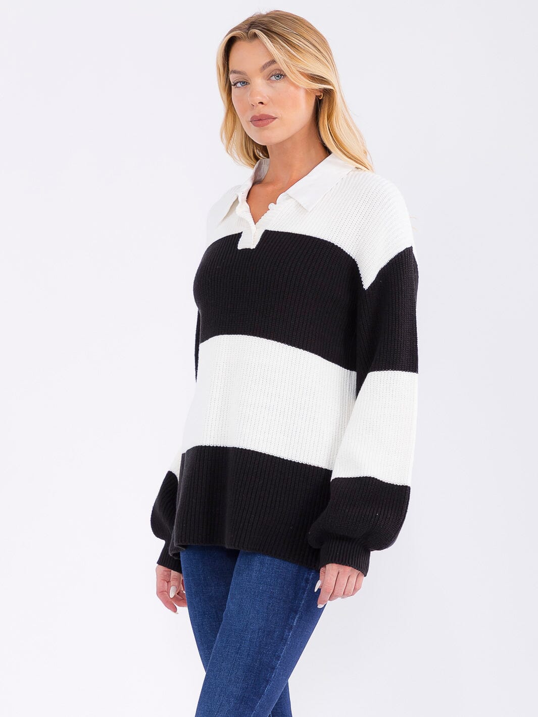 WOMEN'S LONG SLEEVE BUTTON UP V-NECK COLORBLOCK KNIT SWEATER