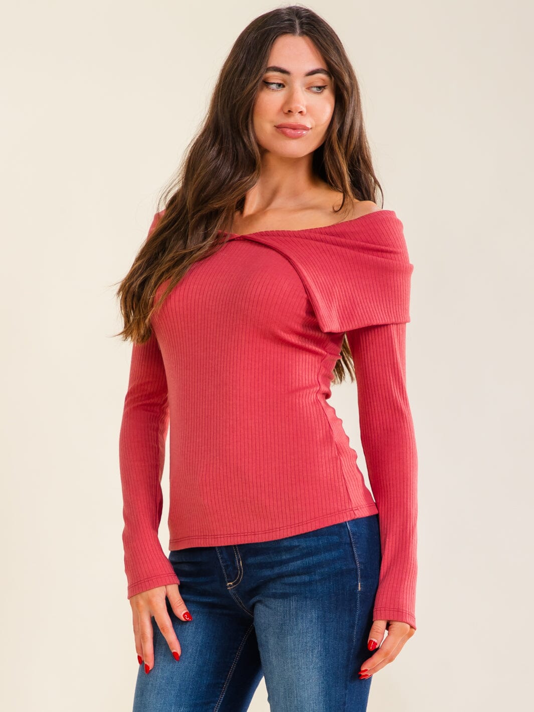 ENTRO WOMEN'S LONG SLEEVE OFF SHOULDER RIBBED TOP