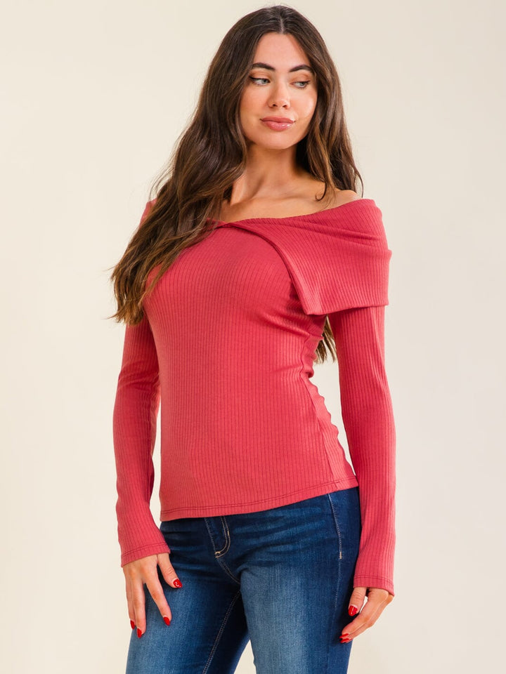ENTRO WOMEN'S LONG SLEEVE OFF SHOULDER RIBBED TOP