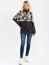 WOMEN'S LONG SLEEVE ZIP UP CAMO PRINT CONTRAST PULLOVER SWEATER