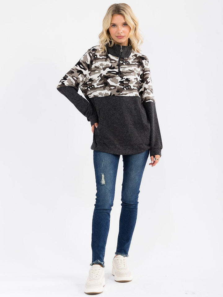 WOMEN'S LONG SLEEVE ZIP UP CAMO PRINT CONTRAST PULLOVER SWEATER