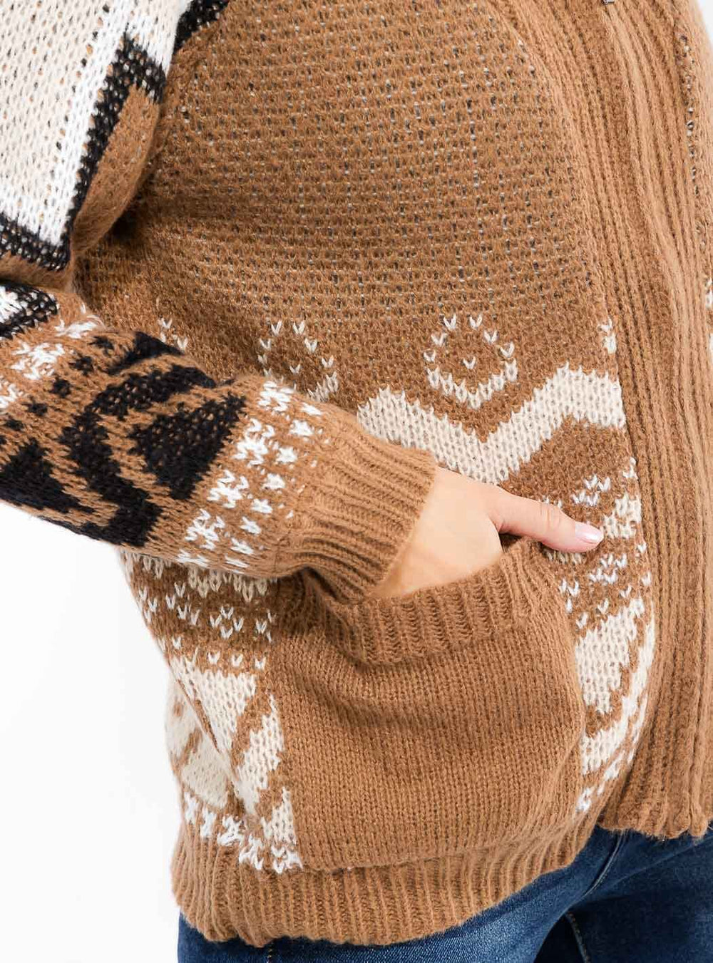 WOMEN'S LONG SLEEVE ZIPPER CLOSURE FRONT POCKETS PRINTED KNIT SWEATER