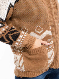 WOMEN'S LONG SLEEVE ZIPPER CLOSURE FRONT POCKETS PRINTED KNIT SWEATER