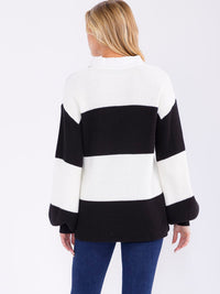 WOMEN'S LONG SLEEVE BUTTON UP V-NECK COLORBLOCK KNIT SWEATER