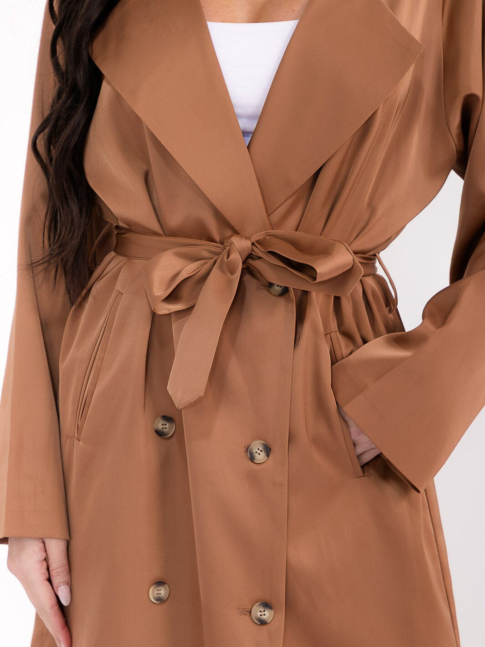 WOMEN'S LONG SLEEVE BUTTON CLOSURE FRONT POCKETS SELF TIE COAT