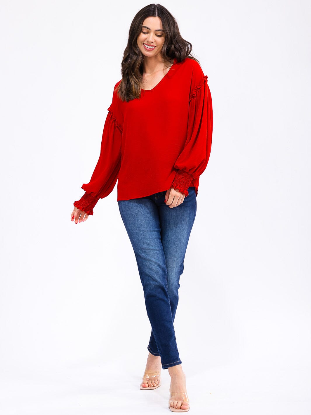 WOMEN'S LONG SLEEVE V-NECK TRIM DETAILED BLOUSE