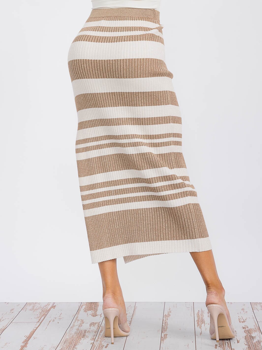 WOMEN'S ELASTIC WAIST STRIPE SHIMMER COLORBLOCK KNIT MAXI SKIRT