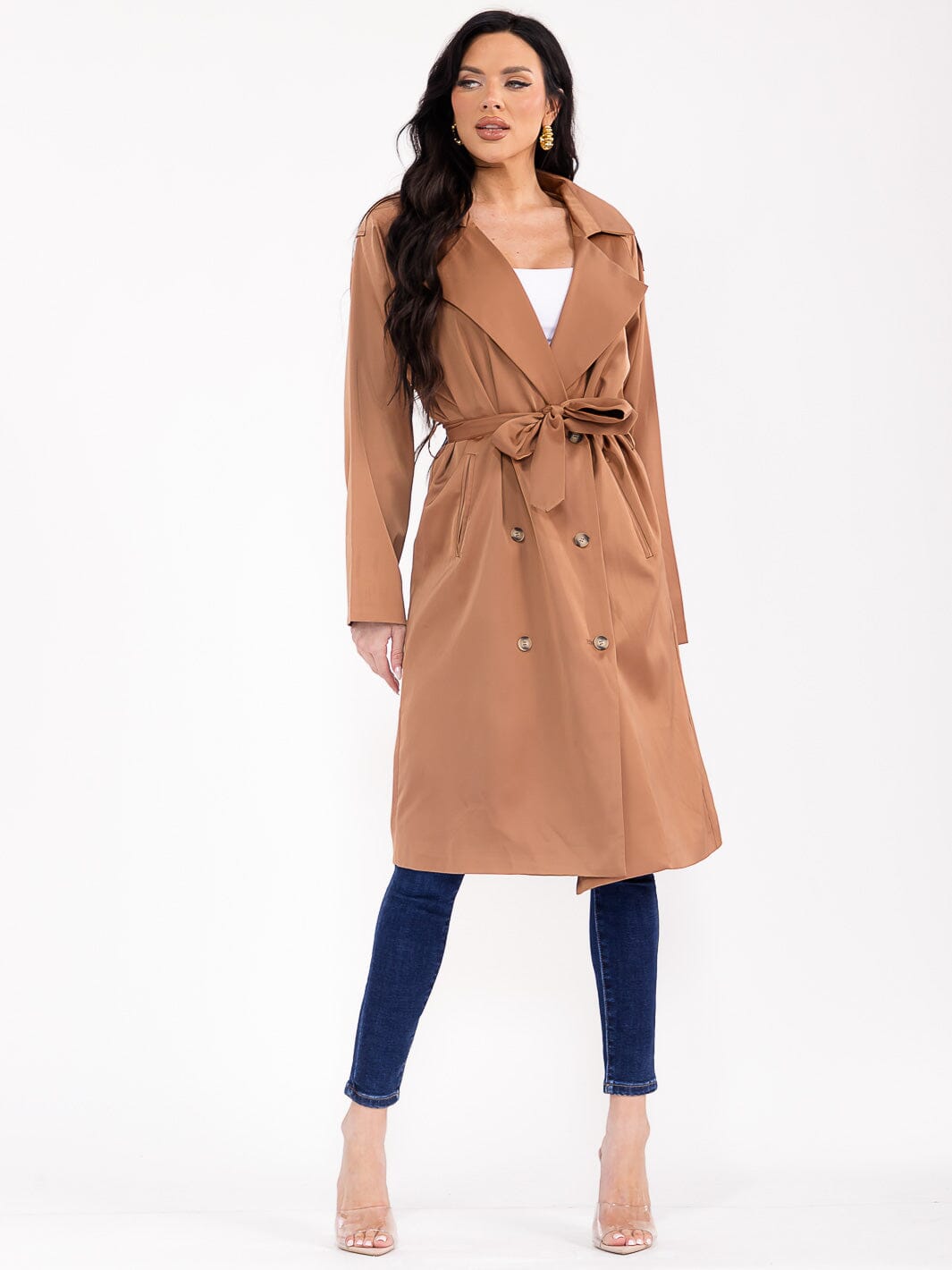 WOMEN'S LONG SLEEVE BUTTON CLOSURE FRONT POCKETS SELF TIE COAT