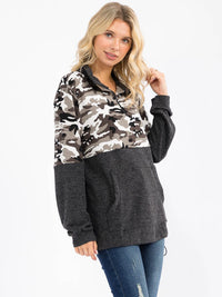 WOMEN'S LONG SLEEVE ZIP UP CAMO PRINT CONTRAST PULLOVER SWEATER