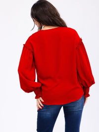 WOMEN'S LONG SLEEVE V-NECK TRIM DETAILED BLOUSE