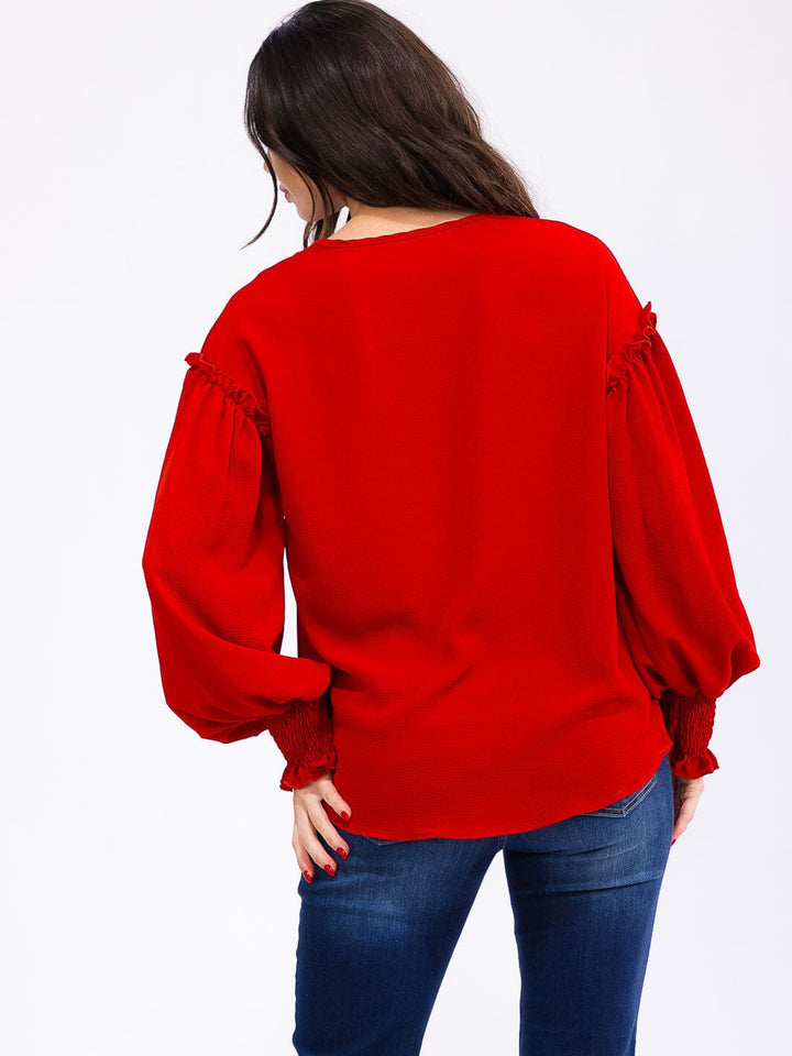 WOMEN'S LONG SLEEVE V-NECK TRIM DETAILED BLOUSE