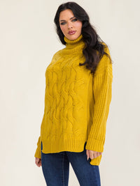 WOMEN'S LONG SLEEVE TURTLE NECK CABLE KNIT PULLOVER SWEATER