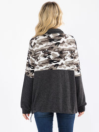 WOMEN'S LONG SLEEVE ZIP UP CAMO PRINT CONTRAST PULLOVER SWEATER