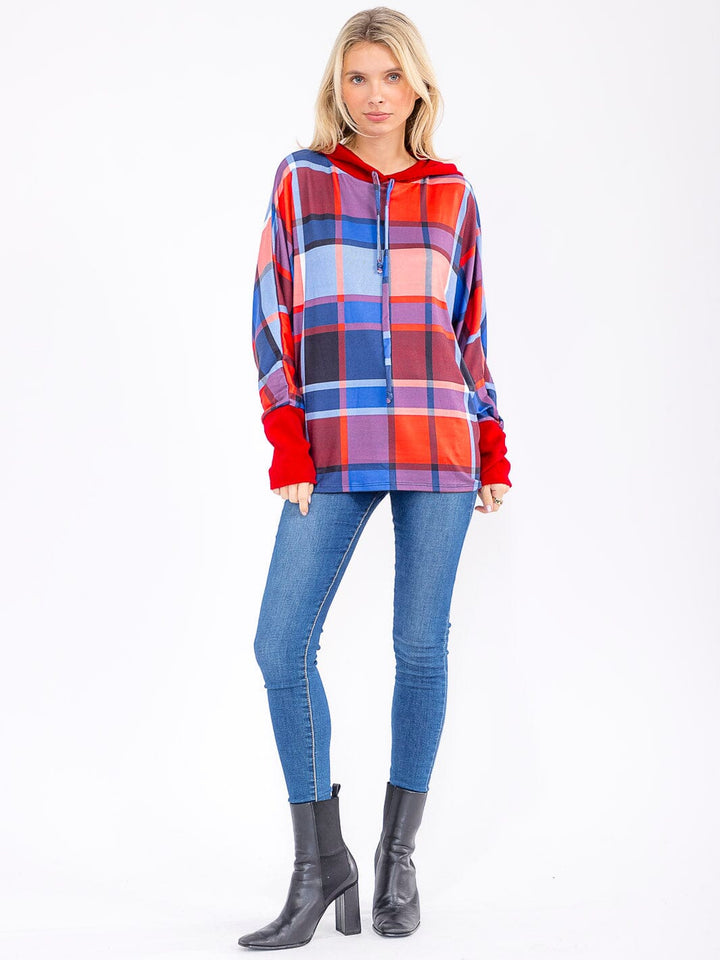 WOMEN'S LONG SLEEVE COLORBLOCK HOODED PLAID TOP