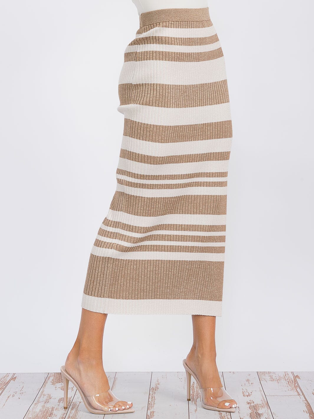 WOMEN'S ELASTIC WAIST STRIPE SHIMMER COLORBLOCK KNIT MAXI SKIRT