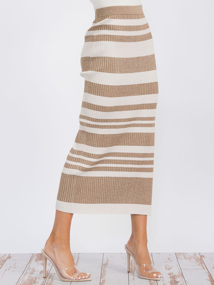 WOMEN'S ELASTIC WAIST STRIPE SHIMMER COLORBLOCK KNIT MAXI SKIRT