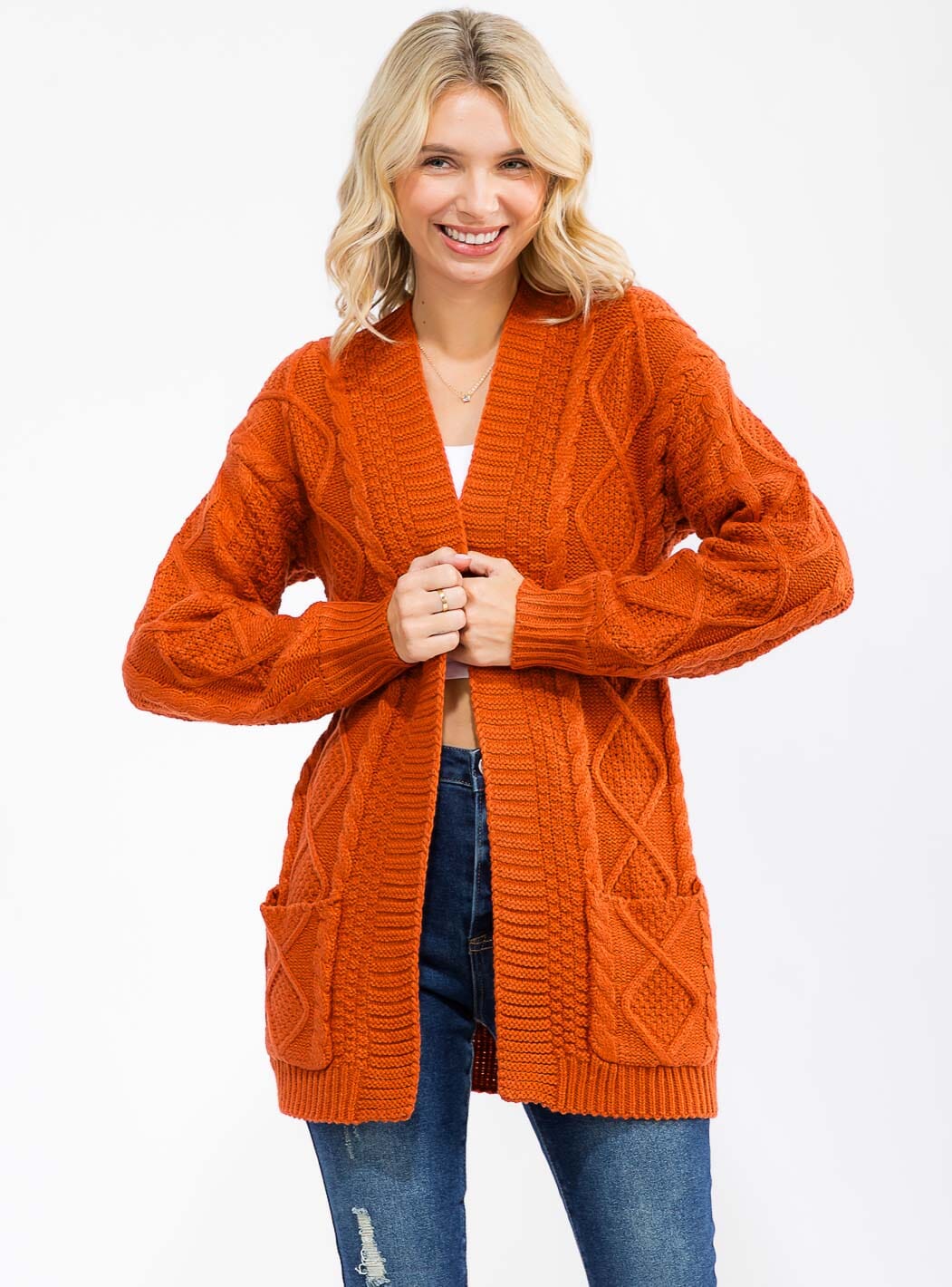 WOMEN'S LONG SLEEVE OPEN FRONT POCKETS KNITTED CARDIGAN
