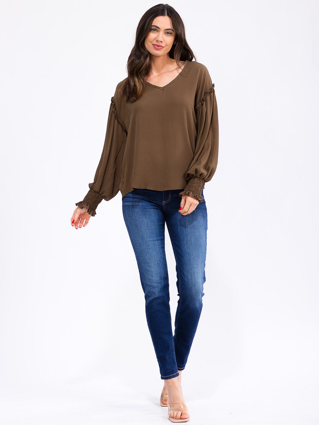 WOMEN'S LONG SLEEVE V-NECK TRIM DETAILED BLOUSE