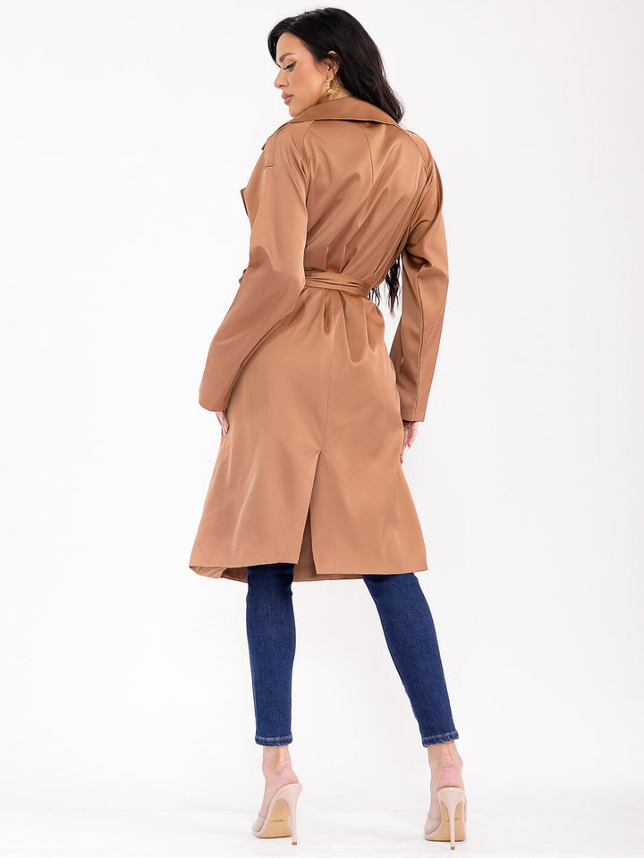 WOMEN'S LONG SLEEVE BUTTON CLOSURE FRONT POCKETS SELF TIE COAT