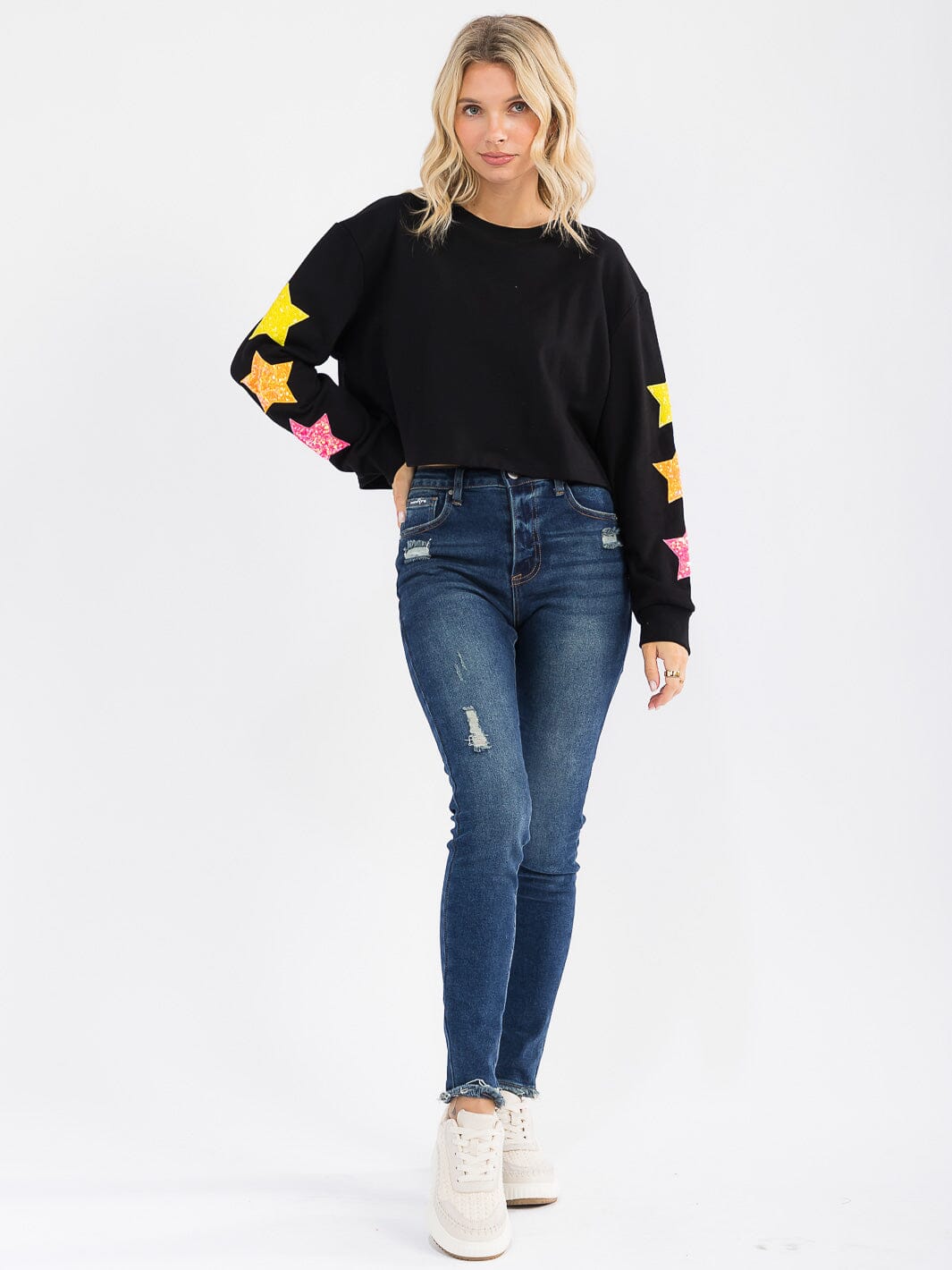 WOMEN'S LONG SLEEVE SEQUINS STARS DETAILED PULLOVER SWEATER