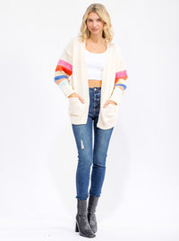 WOMEN'S LONG SLEEVE OPEN FRONT POCKETS MULTI STRIPES CARDIGAN