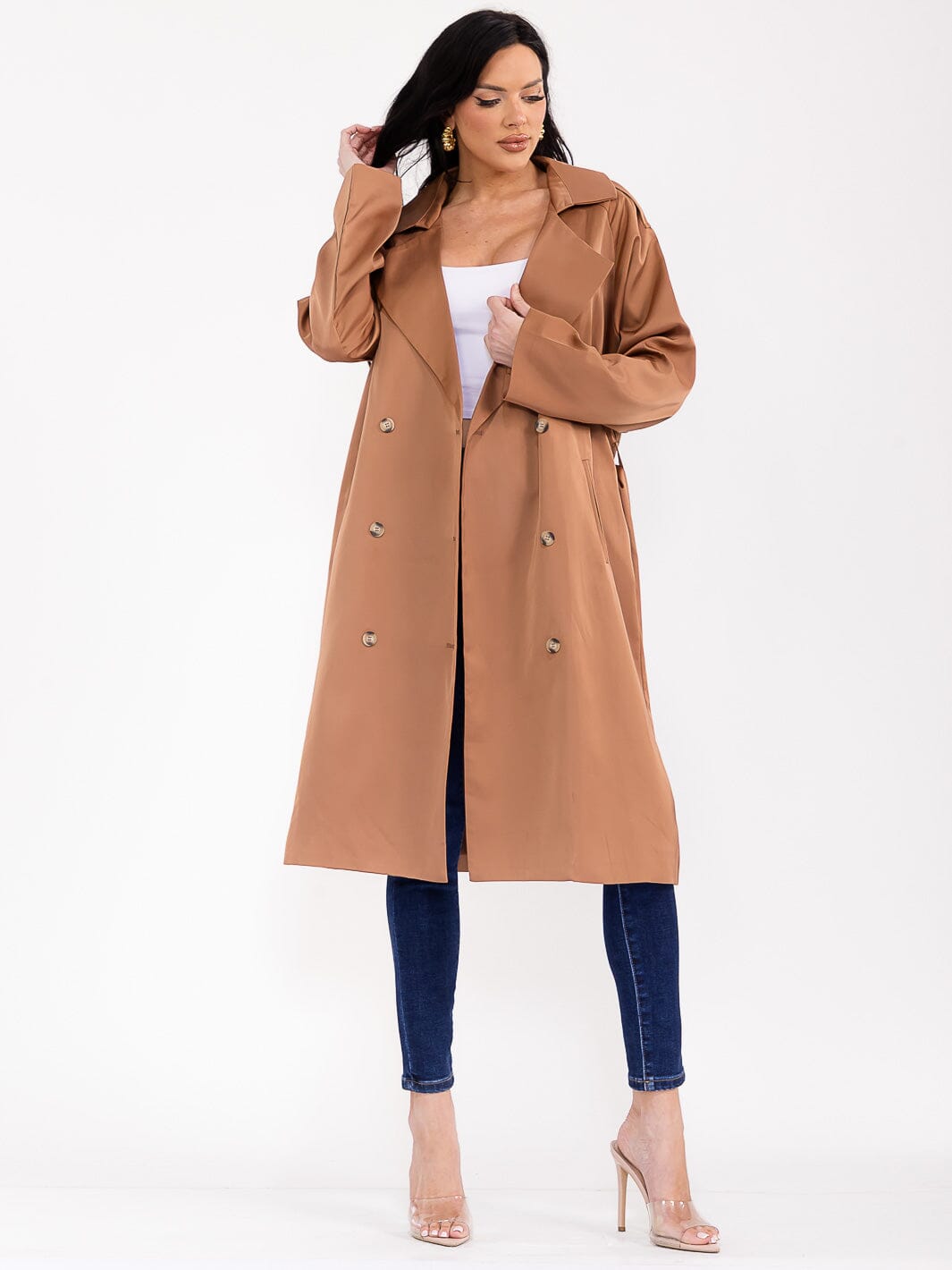 WOMEN'S LONG SLEEVE BUTTON CLOSURE FRONT POCKETS SELF TIE COAT
