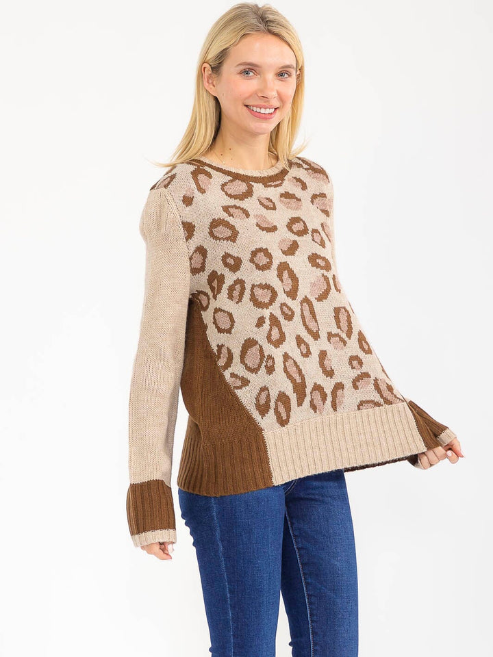 WOMEN'S LONG SLEEVE ANIMAL PRINT PULLOVER KNIT SWEATER